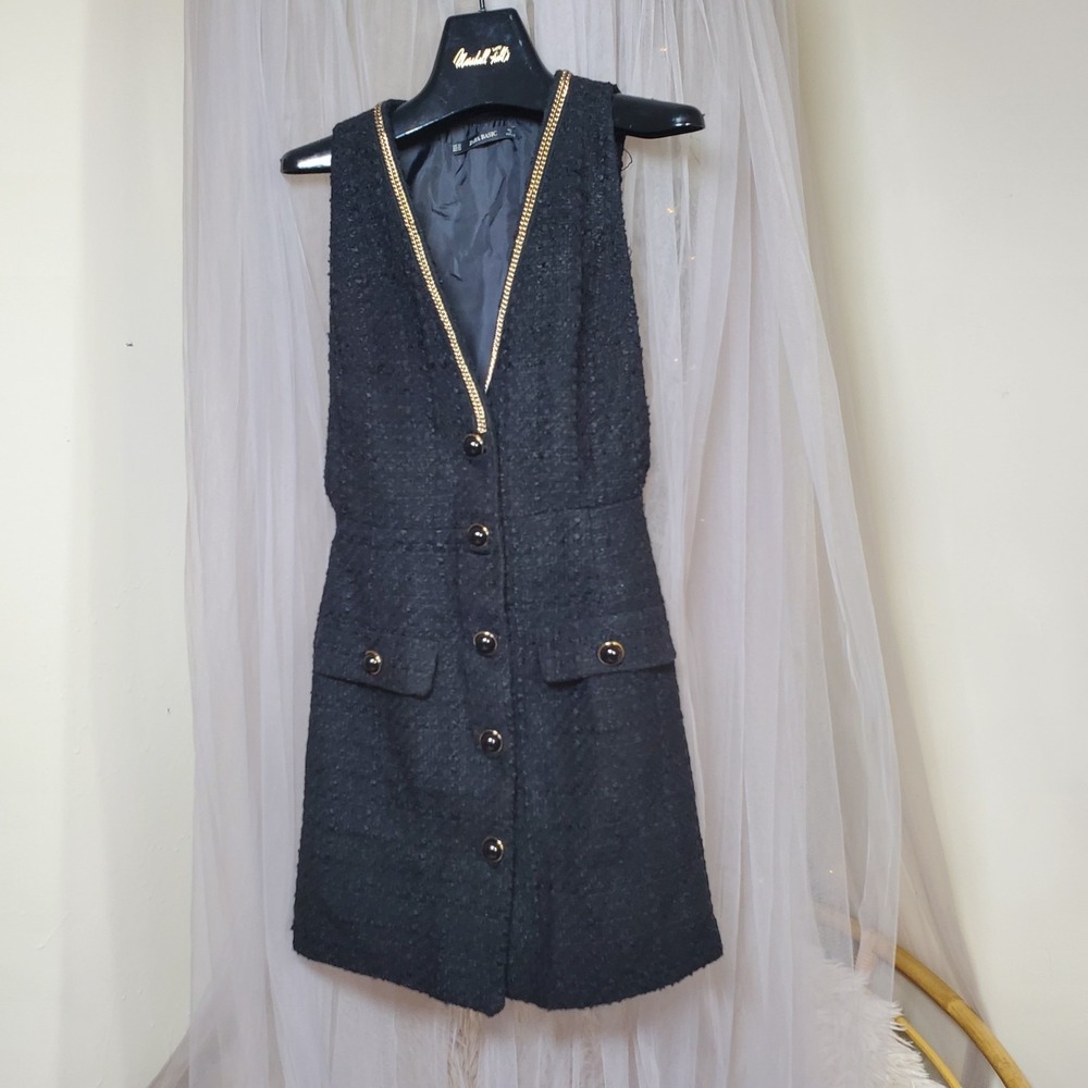 ZARA Pinafore Overall Jumpsuit Mini Dress Black Tweed Dark Acadamia Whimsgoth XS - Picture 3 of 8